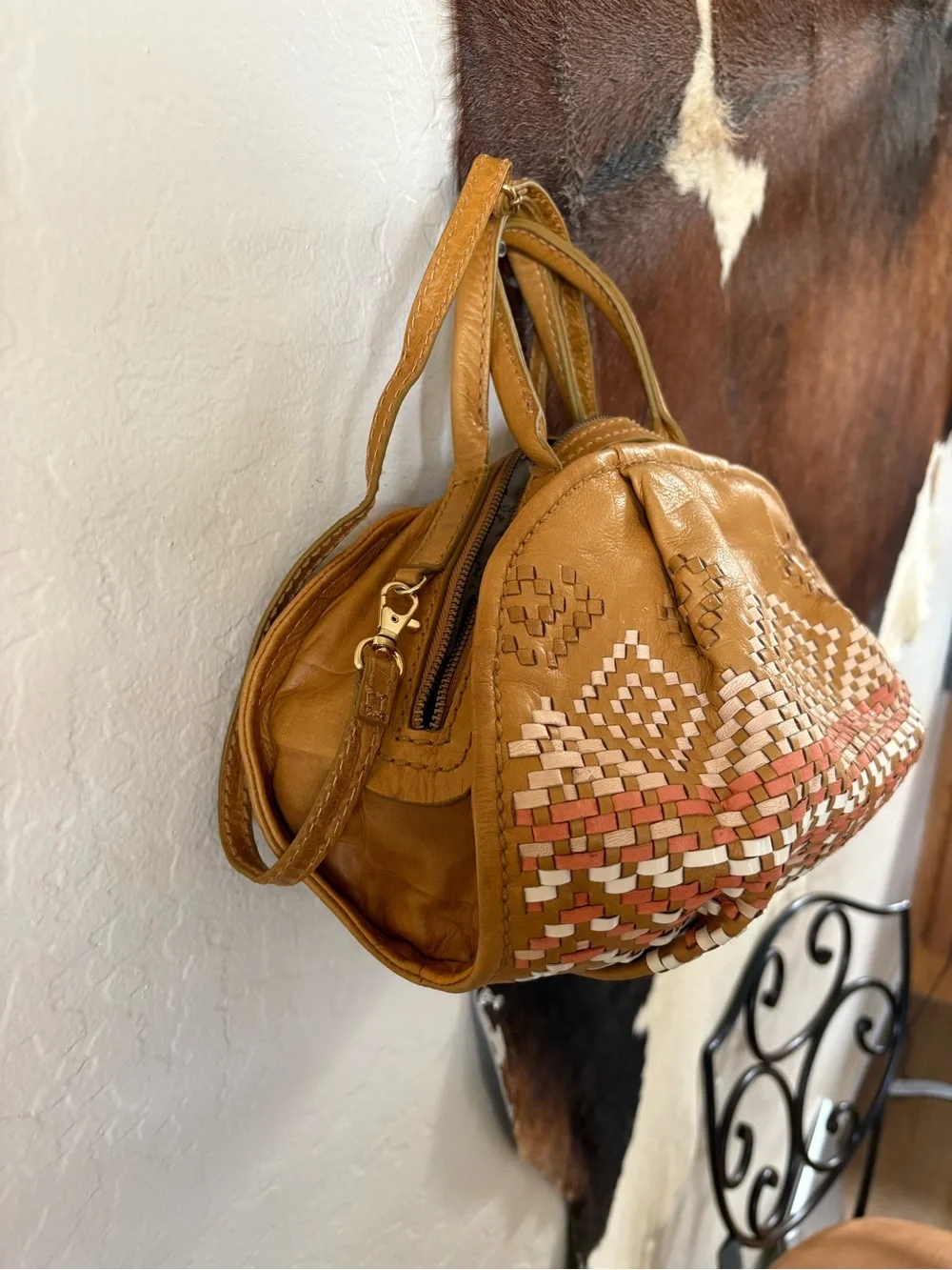 Isabella Fiore Woven Accent Satchel in Tan with Coral and Cream Detailing